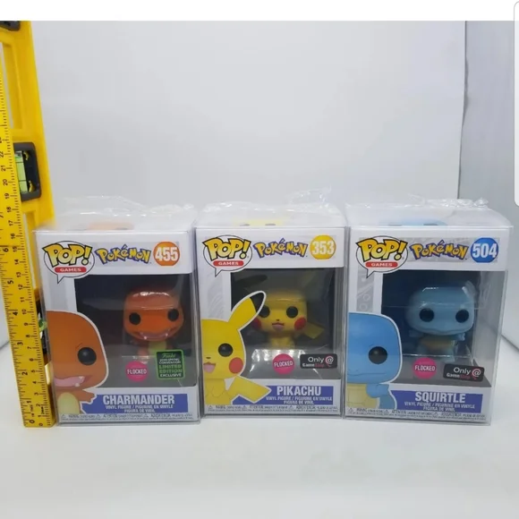 Pokemon Flocked Funko Pop! Pikachu Squirtle Charmander Exclusives with Protector - Picture 6 of 11